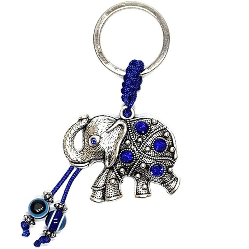 LUCKBOOSTIUM Elephant Keychain with Hanging Evil Eye Tassel - Decorative Evil Eye Keychain for Blessing and Goodluck Charm - Elephant Bag Charm, Rear View Mirror Accessories, Office and Home Decor - Image 1